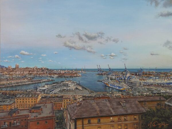 Genova by the Sea, Porto Antico, Oil Painting