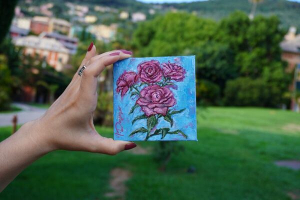 Blushing Roses, Plein Air, Mini Oil Painting, Italy